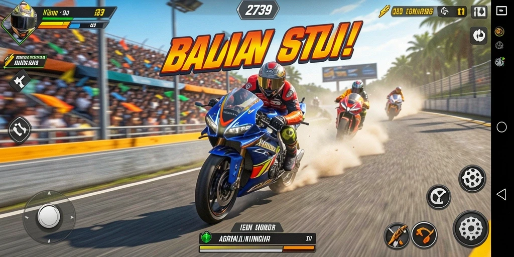 Screenshot menunjukkan aksi balapan motor yang mendebarkan.